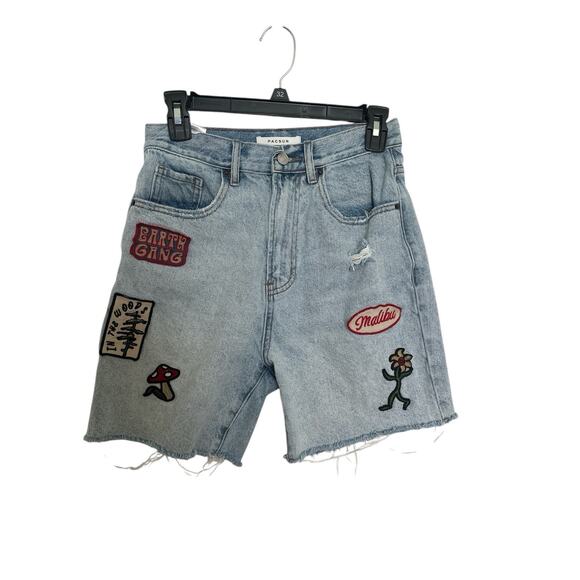 PacSun Shorts Womens 27 Blue Denim Patches Cutoff Distressed Dad Short High Rise - Picture 1 of 8